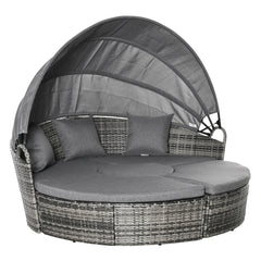 4 Piece Round Rattan Daybed, Convertible Patio Furniture Set, Adjustable Sun Canopy, Sectional Outdoor Sofa, 2 Chairs, Extending Tea Table Ottoman Chair, 3 Pillows, Gray