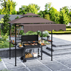 8' x 7.6' Outdoor Grill Gazebo, Barbecue Gazebo Shelter with Side Awning, 2 Side Shelves and 6 Hooks, Brown