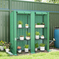 Lean-to Greenhouse with 3 Tier Shelves, Portable Greenhouse with PE Cover, 2 Roll-Up Doors, 56.7" x 18.9" x 59.8", Green