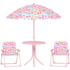 Kids Picnic Table and Chair Set, Outdoor Table with Foldable Chairs, Removable Umbrella, Pink