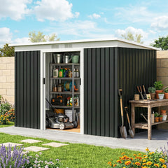 9' x 4' Metal Outdoor Storage Shed, Tool House with Double Lockable Doors for Backyard, Patio, Lawn, Garage, Dark Gray