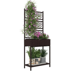 Outdoor Wicker Planter with Trellis for Climbing Plants, Freestanding Rattan Garden Box with Storage Shelf, Brown
