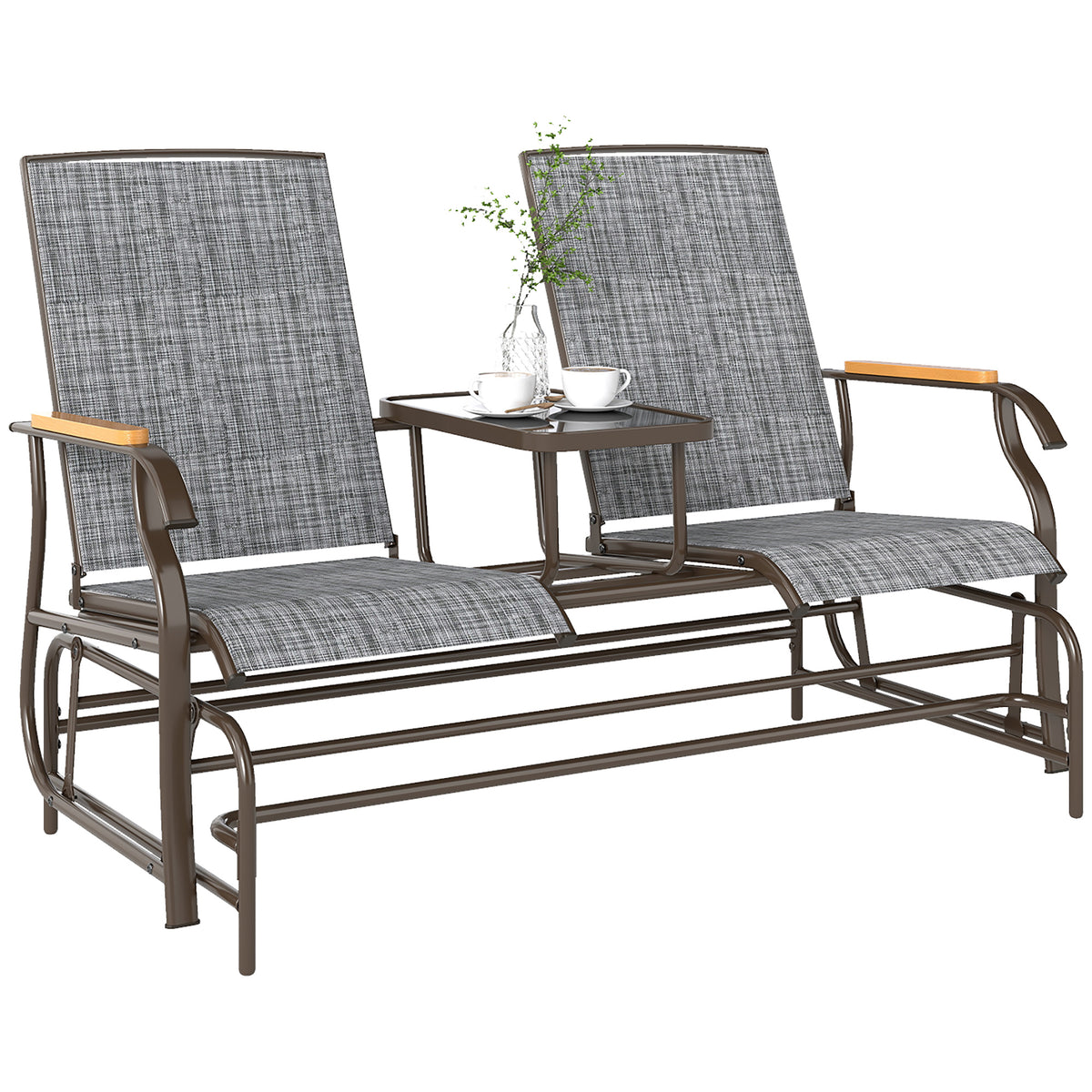 Outdoor 2-Person Glider Bench, Outside Glider Swing Chair Loveseat with Table, Steel Frame, Gray