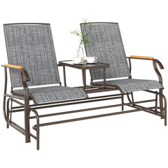 Outdoor 2-Person Glider Bench, Outside Glider Swing Chair Loveseat with Table, Steel Frame, Gray