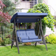 2-Person Patio Swing Bench with Adjustable Shade Canopy, Soft Cushions, Throw Pillows and Tray, Dark Blue