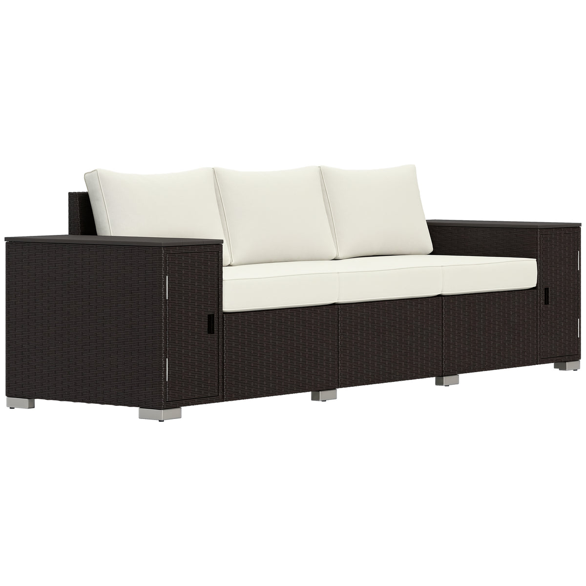3 Seater Wicker Outdoor Couch Patio Sofa with Storage, Thickened Cushions and Wide Armrests for Porch Yard, Cream White