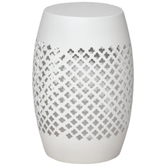 12" Steel Outdoor Side Table, Round Hollow Drum Patio End Table, Accent Table for Indoor and Outdoorr, White