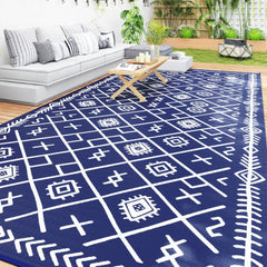 Reversible Outdoor Rug, Waterproof Plastic Straw with Carry Bag, 9' x 18', Blue & White Rhombus