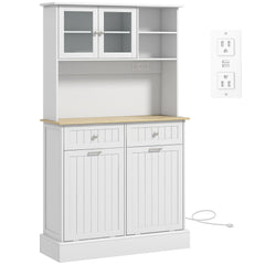Kitchen Cabinet with Charging Station, 2 Tilt Out Cabinets, Microwave Stand, Freestanding Kitchen Pantry Cabinet, White
