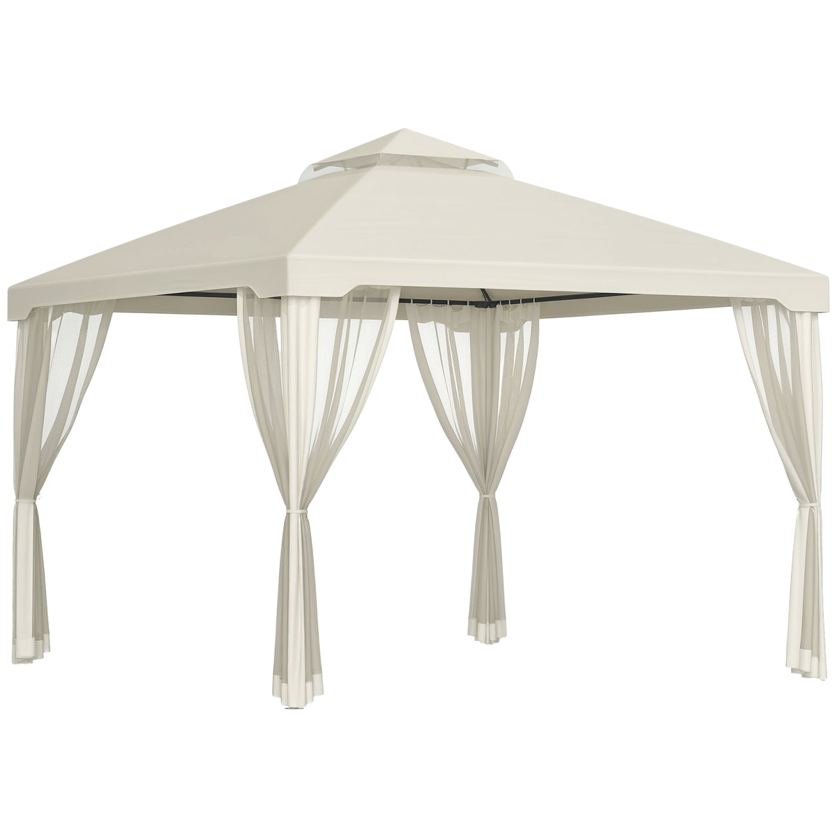 9.6' x 9.6' Patio Gazebo, Outdoor Canopy Shelter with 2-Tier Roof and Netting, Steel Frame for Garden, Lawn, Backyard, and Deck, Cream White