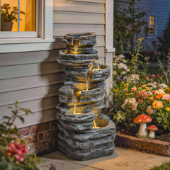 40" Tall Outdoor Waterfall Fountain with LED Lights, 6-Tier Cascading Waterfall Feature, Resin Garden Fountain, Gray