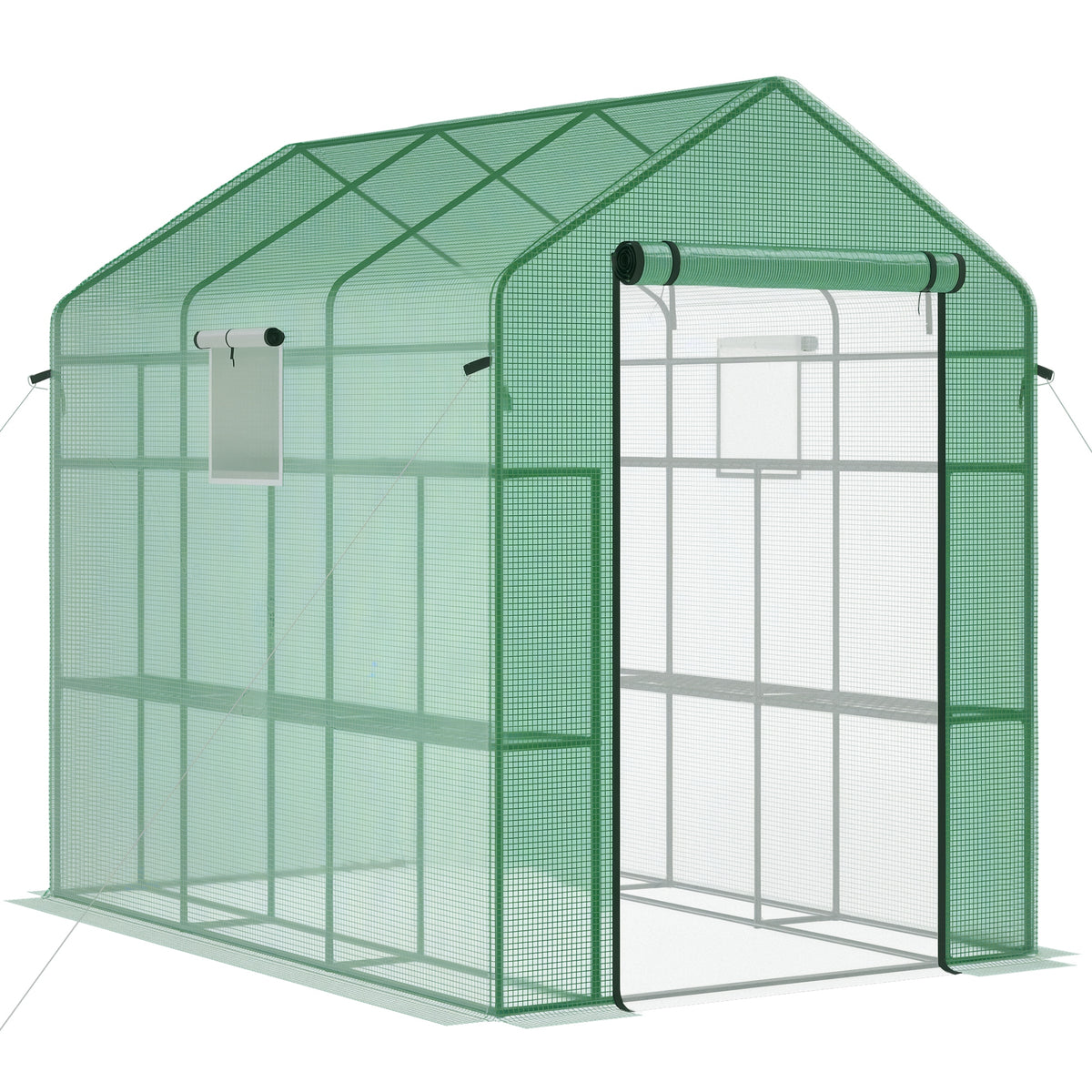 7' x 5' x 6' Walk-in Greenhouse for Outdoors with Mesh Door and Windows, 18 Shelf Hot House with Trellis, Plant Labels, UV Protective for Growing Flowers, Herbs, Vegetables, Saplings, Green