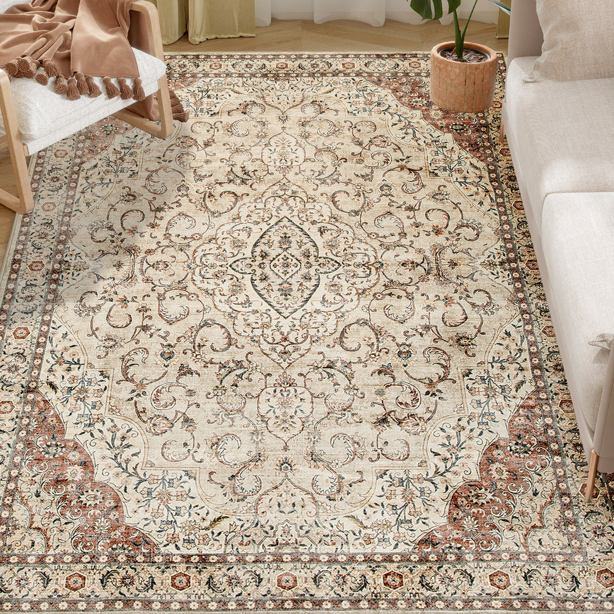 Area Rug 4x6, Machine Washable Rug, Non-Slip Classical Floral Print Floor Carpet for Living Room, Bedroom, Mixed-Brown