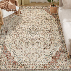 Area Rug 4x6, Machine Washable Rug, Non-Slip Classical Floral Print Floor Carpet for Living Room, Bedroom, Mixed-Brown