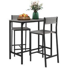 3 Piece Bar Table and Chairs, Industrial Dining Table Set for 2, Counter Height Kitchen Table with Bar stools, Breakfast Table Set for 2 for Small Space, Gray
