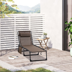 Chaise Lounge Chair Outdoor, 5-Position Adjustable Sun Tanning Chair with Carrying Handle and Side Pocket, Folding Bed Cot with Removable Pillow for Garden, Beach, Patio, Pool, Camp, Brown