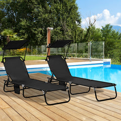 Chaise Pool Lounge Chairs Set of 2, Outdoor Sun Tanning Chairs, Reclining Back, Steel Frame and Side Pocket, Black