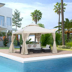 10' x 10' Patio Gazebo with Corner Frame Shelves, Double Roof Outdoor Gazebo Canopy Shelter with Netting for Patio, Wedding, Catering & Events, Cream White