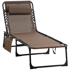 Chaise Lounge Chair Outdoor, 5-Position Adjustable Sun Tanning Chair with Carrying Handle and Side Pocket, Folding Bed Cot with Removable Pillow for Garden, Beach, Patio, Pool, Camp, Brown
