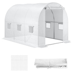 9.8' x 6.6' x 6.6' Plastic Greenhouse Cover Replacement, Heavy Duty Waterproof Tarp for Hoop House, Sheeting with 6 Windows, Door & Reinforcement Grid, White