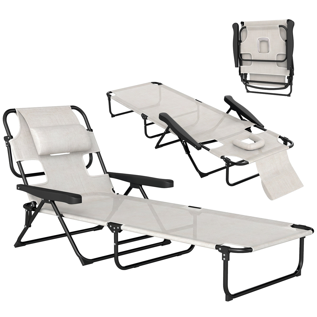 Folding Lounge Chair w/ Reclining Back, Cream White