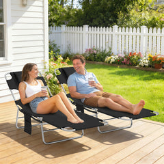 2 Tanning Chairs with Face Hole, 5-Level Adjustable Outdoor Chaise Lounge Chair with Pillow for Beach, Pool, Black
