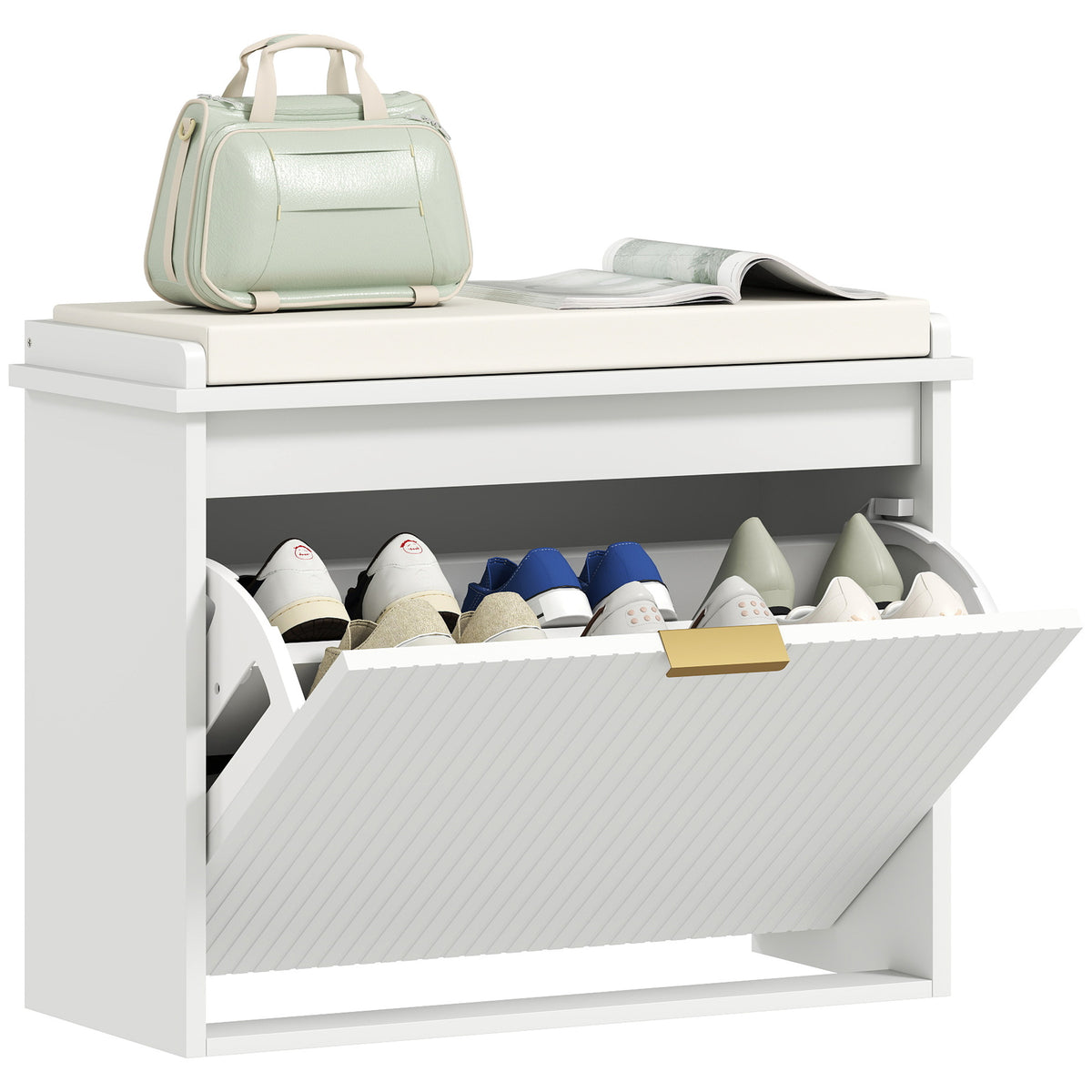 Shoe Storage Bench with Padded Seat Cushion and Flip-Drawer, Entryway Bench, Shoe Cabinet, 24.4x10.2x18.7 Inches, White