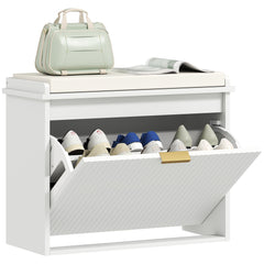 Shoe Storage Bench with Padded Seat Cushion and Flip-Drawer, Entryway Bench, Shoe Cabinet, 24.4x10.2x18.7 Inches, White