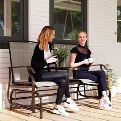 2-Person Outdoor Glider Bench w/ Center Table, Steel Frame for Backyard Garden Porch, Brown
