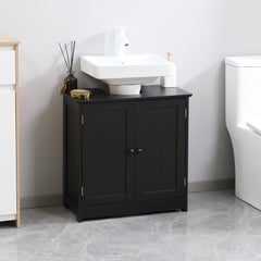 Under Sink Bathroom Cabinet, Pedestal Sink Storage Cabinet with 2 Doors, Shelf and U-Shape, Black