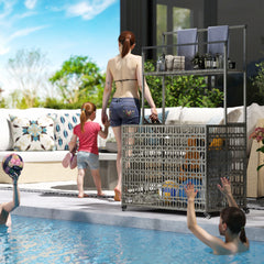 Wicker Pool Float Storage Organizer, PE Rattan Pool Float Holder with Basket Shelf Towel Bars, Rolling Pool Caddy for Floaties, Noodles, Life Vests, Beach Balls, Mixed-Gray