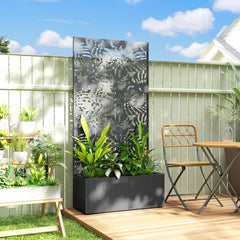 Metal Planter Box with Trellis, 71" Tall Raised Garden Bed with Privacy Screen and Drainage Holes, Banana-Leaf Cut-Outs