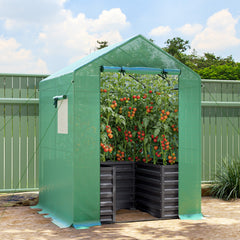 Greenhouse with Raised Garden Bed, Galvanized Steel Outdoor Greenhouse with Roll Up Door, 56" x 56" x 75", Dark Gray