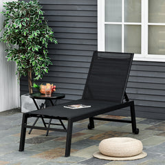 Outdoor Chaise Lounge with Wheels, Five Position Recliner for Sunbathing, Suntanning, Steel Frame, Breathable Fabric for Beach, Yard, Patio, Black