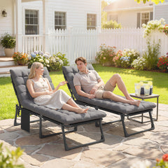 Folding Chaise Lounge Chair Outdoor Tanning Chair Set of 2 with 5-Position Backrest, Cushions, Side Pocket, Dark Gray