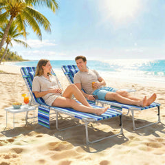 Tanning Chair Set of 2 with Face Hole and Side Table, 5-Position Folding Outdoor Chaise Lounge Chair, Blue Stripe