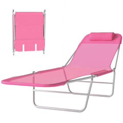 Folding Chaise Lounge Chair, Pool Sun Tanning Chair, Outdoor Lounge Chair with Reclining Back, Breathable Mesh Seat, Headrest for Beach, Yard, Patio, Pink