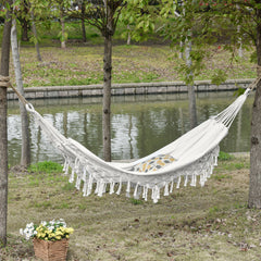 Extra Large Boho Hammock with Macrame Tassel Fringe, Includes Carrying Bag, Indoor Outdoor Tree Hammock, White