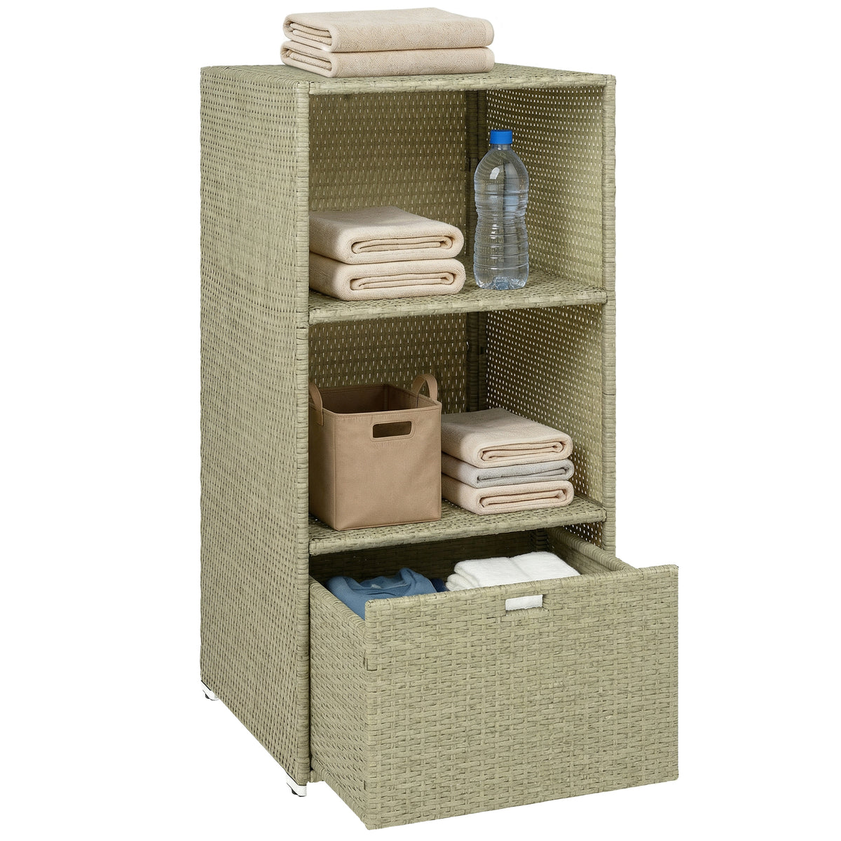 Valet Pool Towel Rack, Water-Resistant PE Plastic Rattan Wicker Storage Organizer, 2 Shelves, 1 Basket Drawer
