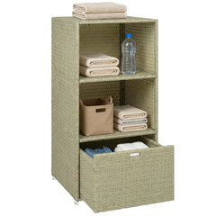 Valet Pool Towel Rack, Water-Resistant PE Plastic Rattan Wicker Storage Organizer, 2 Shelves, 1 Basket Drawer