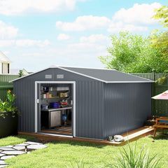 11' x 13' Garden Metal Shed, Storage Shed Utility Storage with Double Locking Doors for Bike, Yard Tools, Dark Gray