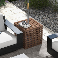 2-in-1 Outdoor Umbrella Base Storage Box, Wooden Patio Coffee Table, Brown