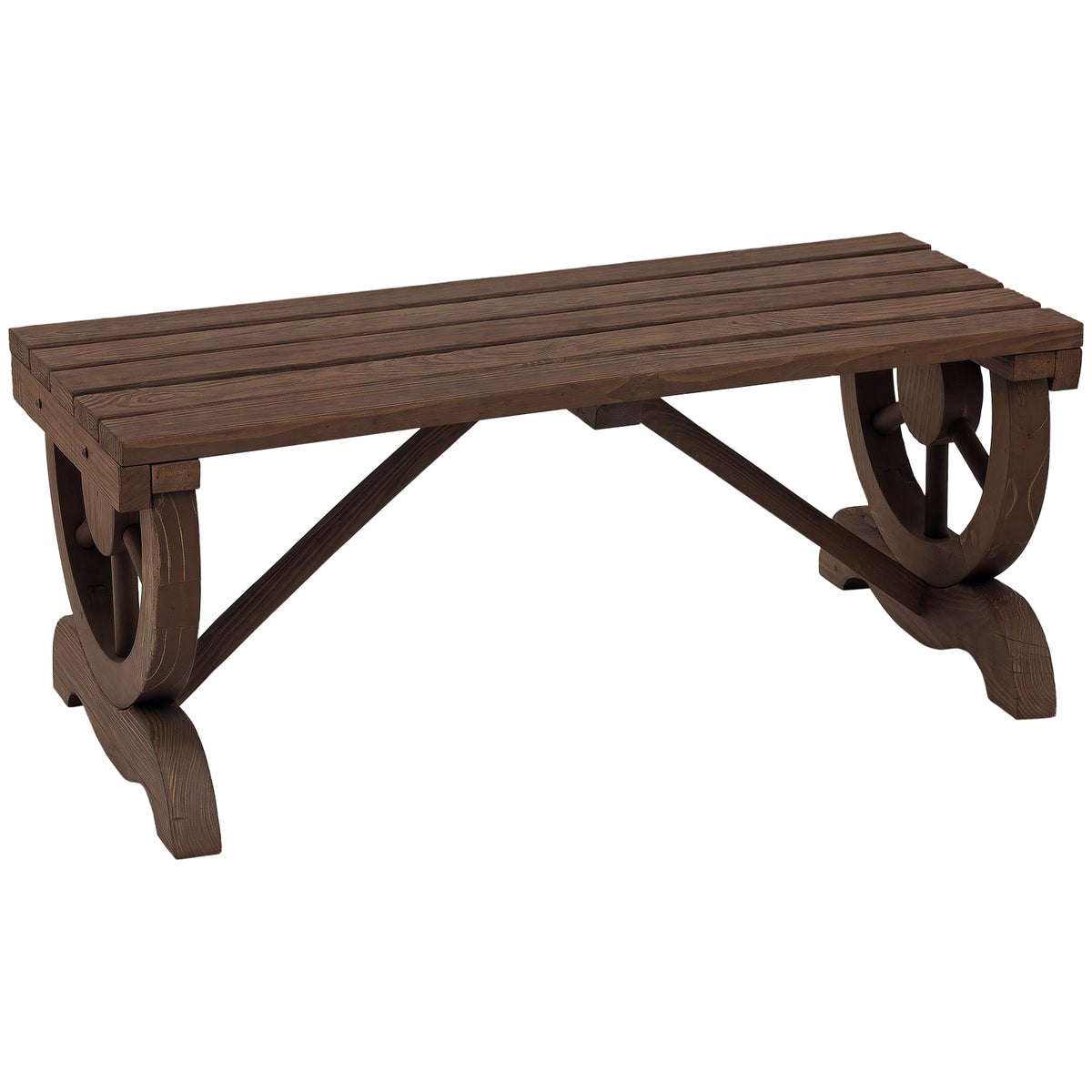2-Person Wooden Garden Bench, Outdoor Wagon Wheel Porch Bench for Backyard Garden, Support 550 LBS, Rustic Country Style Patio Furniture, Brown