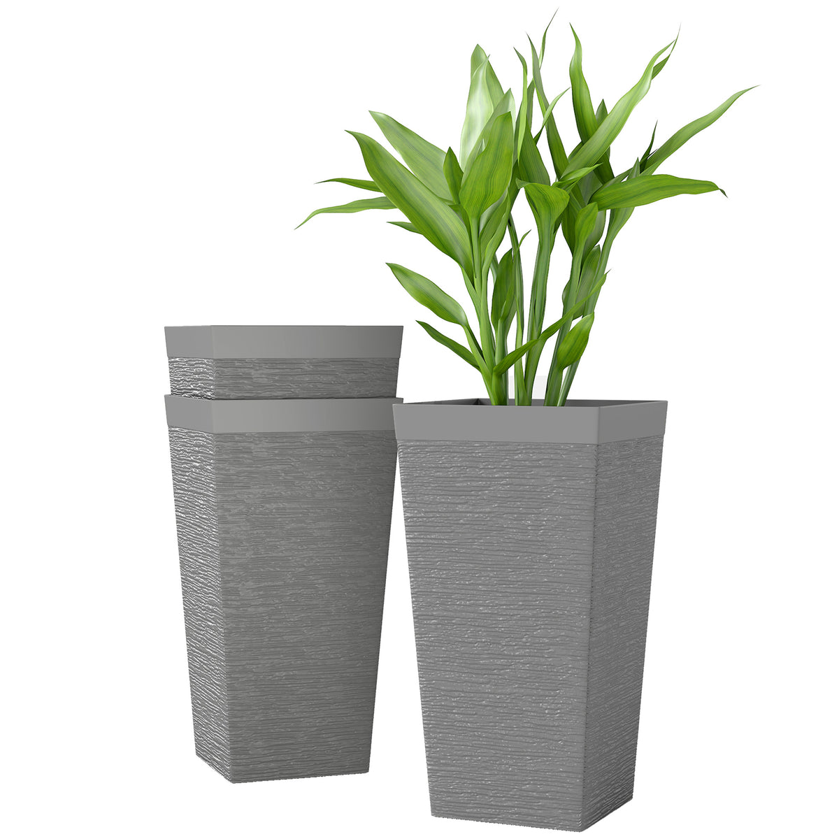 22.8 Inch Set of 3 Outdoor Planters with Stone Finish and Wheels, Stackable Tapered Planters with Drainage Hole, Gray