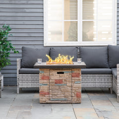 32 Inch Outdoor Propane Gas Fire Pit Table, 50,000 BTU Auto-Ignition Square Faux Ledge Stone Gas Firepit with Lava Rocks and Rain Cover, CSA Certification, Brown