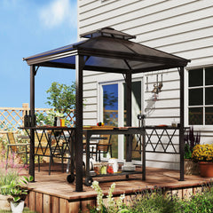 Outside Porch BBQ Cooking Pergola Canopy with 6 Hooks for Utensils and Double Venting Roof, Coffee