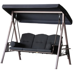 3-Seat Patio Swing Chair, Outdoor Porch Swing Glider with Adjustable Canopy, Removable Cushion, Pillows and Side Trays, for Garden, Poolside, Backyard, Black