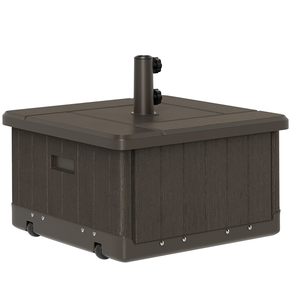 3-in-1 Outdoor Umbrella Base with Wheels and Handles, End Table, Flower Box Planter with Hole, 175 lbs. Capacity, Brown