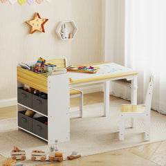 Kids Desk and Chair Set with Paper Roll, Kids Activity Craft Table with Storage Shelves and Drawers, Natural Wood