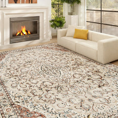 Area Rug 8x10, Machine Washable Rug, Non-Slip Classical Floral Print Floor Carpet for Living Room, Bedroom, Mixed-Brown